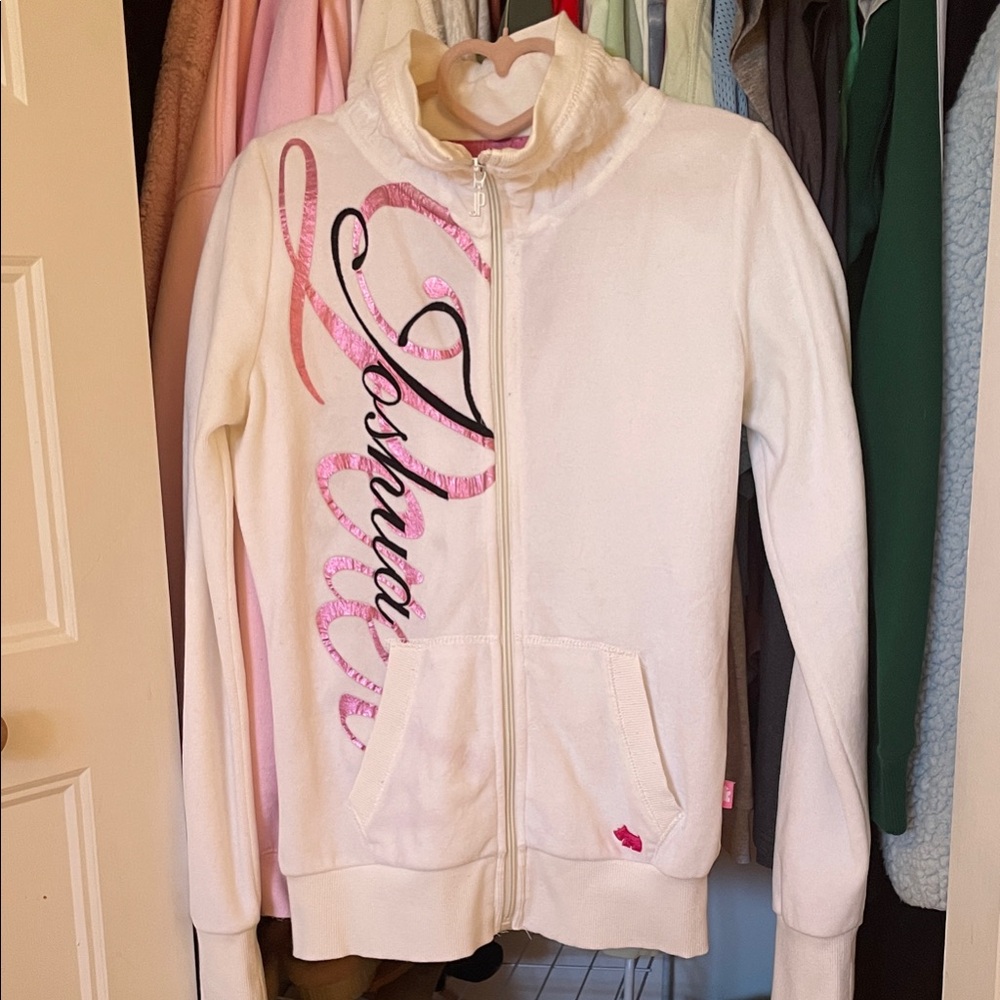 ✨Y2K✨JOSHUA PERETS 🎀 Zip Hoodie White Pink Logo - Size M - Picture 3 of 9